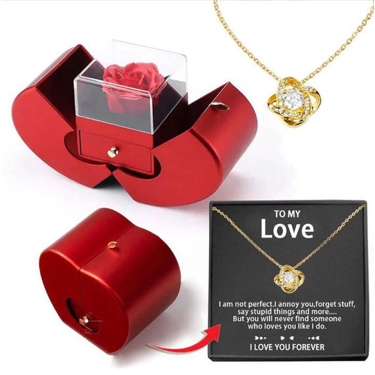 Fashion Jewelry Box Red Apple Christmas Gift Necklace Eternal Rose for Girl Mother'S Day Valentine'S Day Gifts with Artificial Flower Rose Flower Jewelry Box